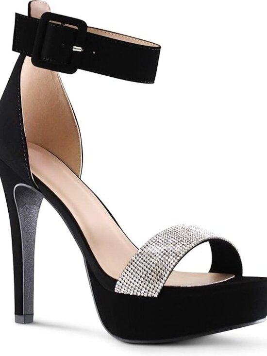 Black Ankle Strap High Heel Sandals With Rhinestone Toe Band Size 5. - Picture 1 of 8